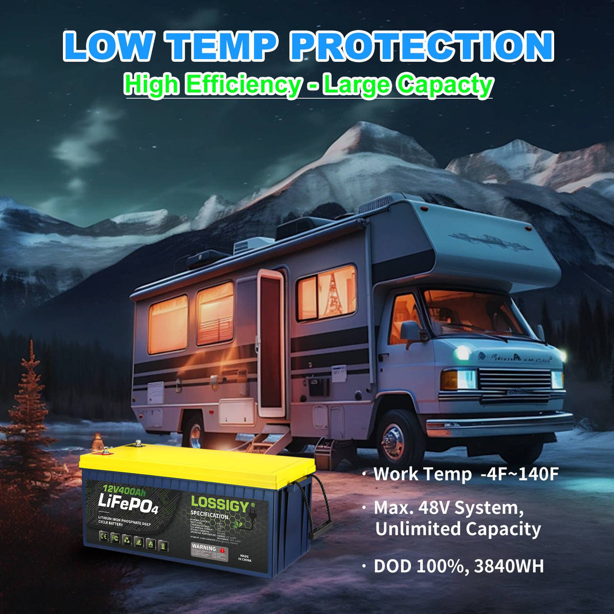 LOSSIGY 12V 400Ah LiFePO4 Battery, 5120Wh Deep Cycle Lithium Battery for RV, Solar & Marine