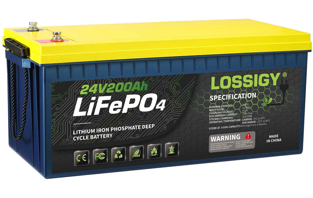 LOSSIGY 24V 200Ah LiFePO4 Battery, 5120Wh Deep Cycle Lithium Battery for RV, Solar & Marine