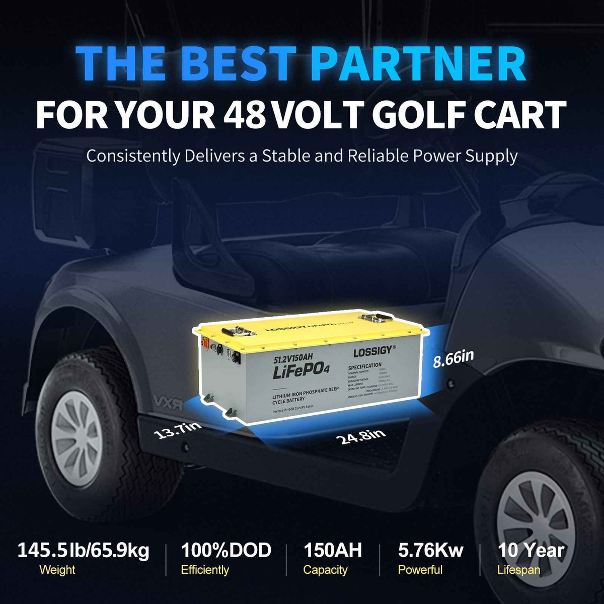 LOSSIGY 48V150AH Lithium Battery Golf Cart Conversion Kit with Charger&Monitor