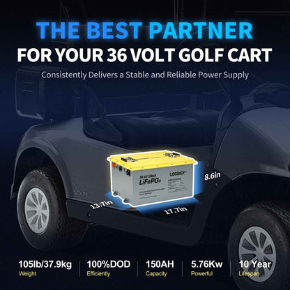 LOSSIGY 36V150AH Lithium Golf Cart Battery Conversion Kit, Prefect for Trolling Motor, Marine, Boat, Built in 200A Bluetooth BMS, Peak Current 1000A(3-5s)