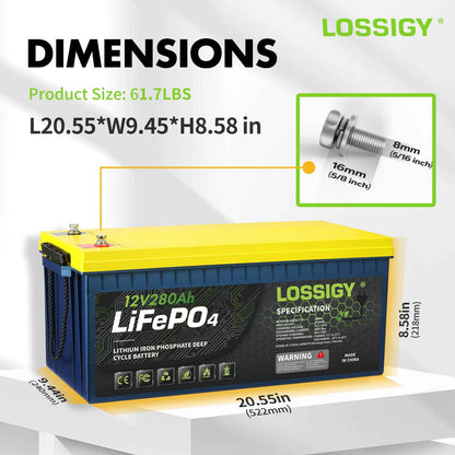 LOSSIGY 12V 280Ah LiFePO4 Battery, 3584Wh Deep Cycle Lithium Battery for RV, Solar & Marine