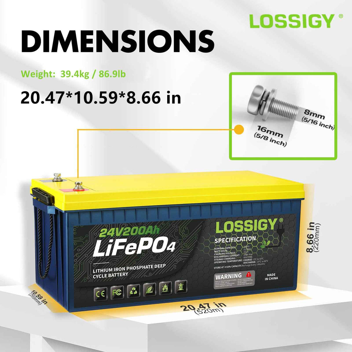 LOSSIGY 24V 200Ah LiFePO4 Battery, 5120Wh Deep Cycle Lithium Battery for RV, Solar & Marine