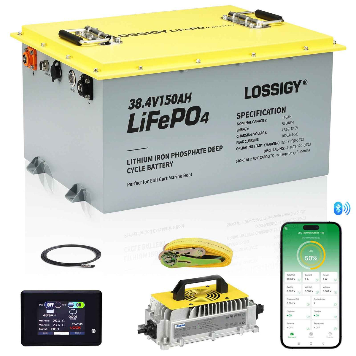 LOSSIGY 36V150AH Lithium Golf Cart Battery Conversion Kit, Prefect for Trolling Motor, Marine, Boat, Built in 200A Bluetooth BMS, Peak Current 1000A(3-5s)