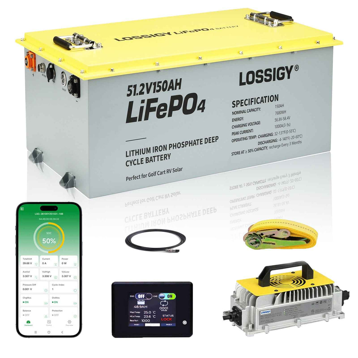 LOSSIGY 48V150AH Lithium Battery Golf Cart Conversion Kit with Charger&Monitor