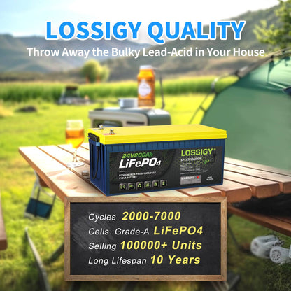 LOSSIGY 24V 200Ah LiFePO4 Battery, 5120Wh Deep Cycle Lithium Battery for RV, Solar & Marine