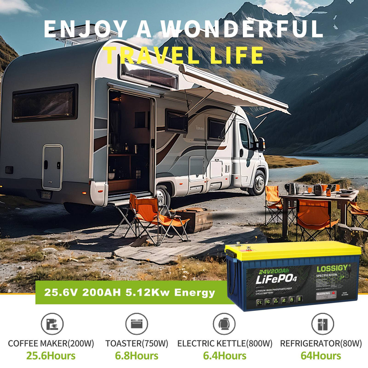 LOSSIGY 24V 200Ah LiFePO4 Battery, 5120Wh Deep Cycle Lithium Battery for RV, Solar & Marine