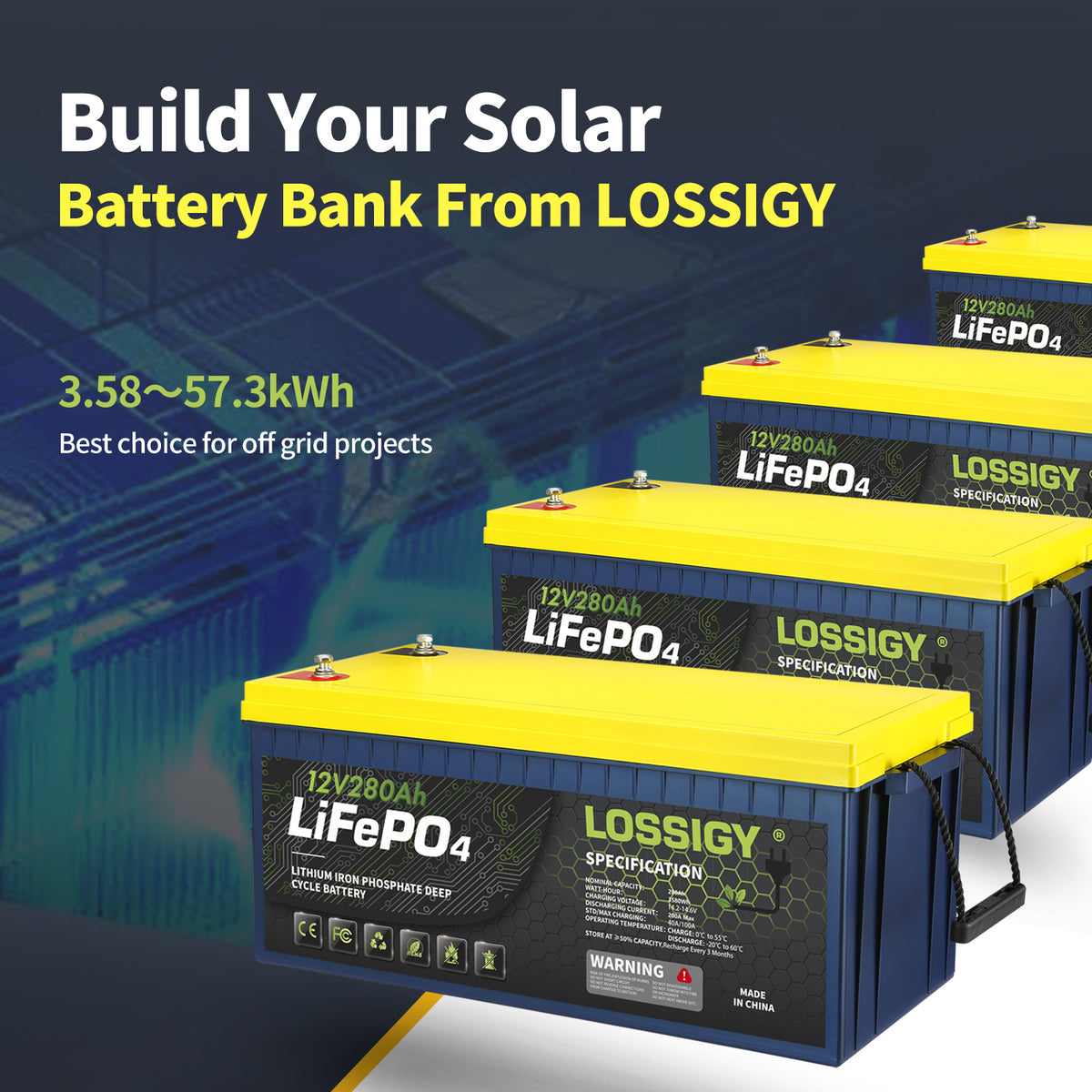 LOSSIGY 12V 280Ah LiFePO4 Battery, 3584Wh Deep Cycle Lithium Battery for RV, Solar & Marine